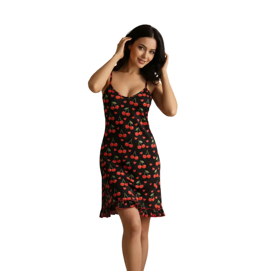 camicia-da-notte-donna-907enk.webp Camicia da Notte Donna con Spalline Sottili e Fantasia Ciliegie - immagine 1