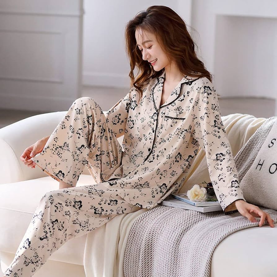 pigiama-991emf-1.jpg Pigiami,Set Pigiama In Cotone Da Donna Beige Tasche Con Bottoni Floreali Con Risvolto Elegante Caldo E Accogliente Pjs A Maniche Lunghe Top & Bottoms Set Loungewear Nightwear Soft Bradipo Sleepwear : Amazon.it: - immagine 1
