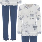 BEMAN PIGIAMA DONNA LUNGO ELEGANTE FLOREALE CON PIZZO MICROMODAL MARY BLU NAVY