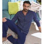 Pigiama uomo lungo a righe con colletto coreana e pantalone in tinta unita Blu, M
