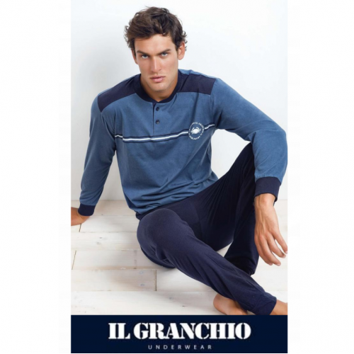 pigiama-estivo-uomo-561oog.png Il Granchio Pigiama uomo GP344 lungo in cotone tinta unita blu denim - immagine 1