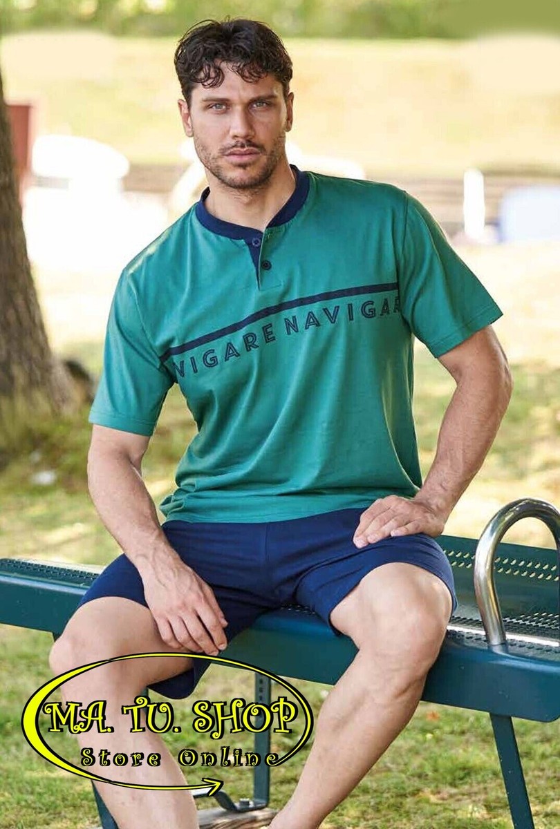 pigiama-estivo-uomo-818fbg-1.jpg NAVIGARE Pigiama Uomo Estivo Manica Corta e Pantalone Corto 100% Jersey Cotone - immagine 1