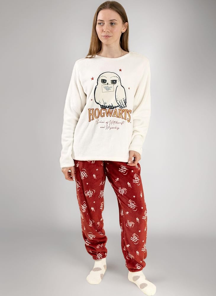 pigiama-harry-potter-032kjr-1.jpg Harry Potter Pigiama da Donna a Maniche Lunghe e Gambe Lunghe di Hedwig in Pile Caldo Rosso e Crema | Design della Scuola di Magia e Stregoneria di Hogwarts | Merchandising : - immagine 1