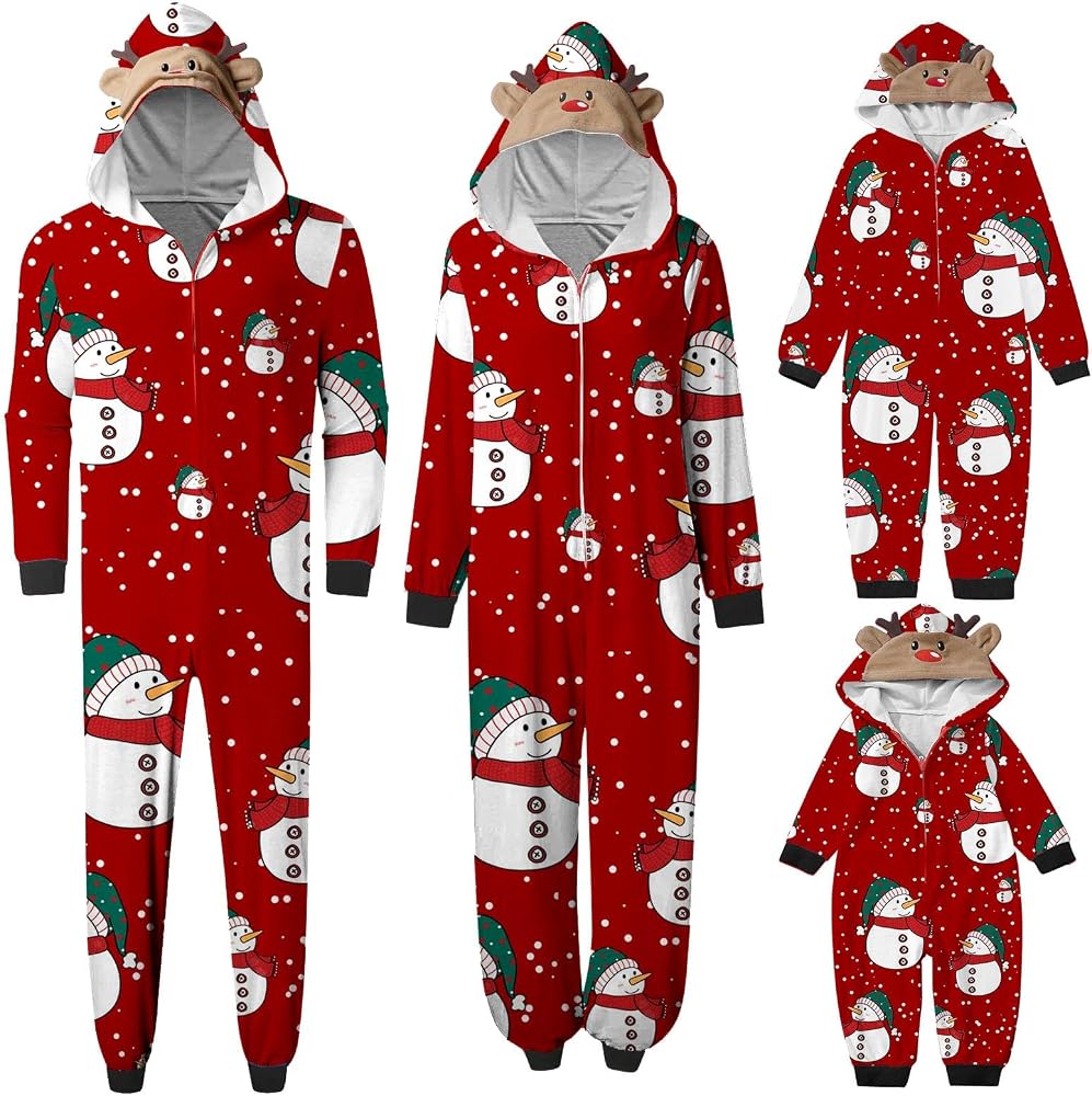 pigiama-natalizio-041oup-1.jpg biJerou Pigiama natalizio con stampa a pupazzo di neve, morbido cappuccio con chiusura lampo, motivo renne, pigiama natalizio, Mamma rossa, XL : Amazon.it: Moda - immagine 1