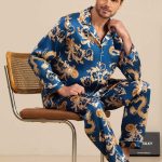 Pure Seta Uomo Stampa Drago Maniche Lunghe Collo Notch Set Pigiama