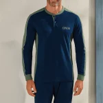 100% COTONE Pigiama Uomo Manica Lunga con Bottoncini